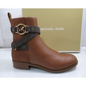Michael Kors Rory Flat Bootie Ankle Boots MK Logo Hardware Luggage Size 8